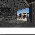 Cultural Center Interior Design With Exhibits Wall Displays Circular Platform And Pendant Lights