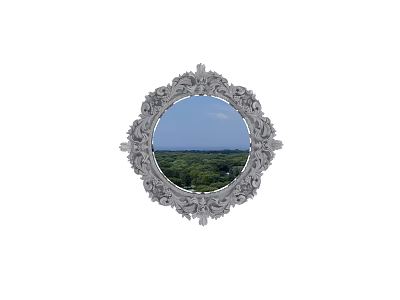 Round Ornate Mirror With Elaborate Carved Frame Reflecting Green Trees And Blue Sky 3d model