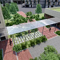 Modern Pergola In Courtyard With Green Trees Red Brick Pavement And Modern Buildings