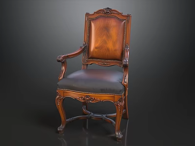 Traditional Wooden Armchair With Intricate Carvings And Leather Upholstered Seat 3d model