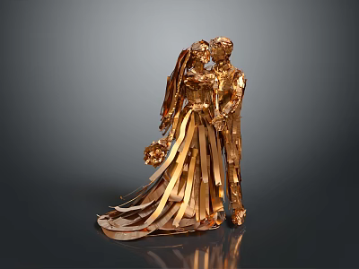 Elegant Golden Bride And Groom Sculpture With Flowing Metallic Dress And Bouquet 3d model