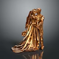 Elegant Golden Bride And Groom Sculpture With Flowing Metallic Dress And Bouquet