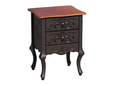 Dark Colored Nightstand With Two Carved Drawers Wooden Top And Curved Legs 3d model