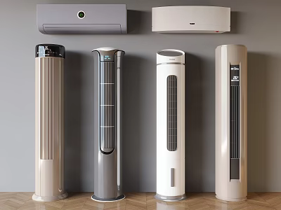 Multiple Air Conditioner Fans Wall Mounted And Standing In Various Colors Indoor 3d model