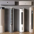 Multiple Air Conditioner Fans Wall Mounted And Standing In Various Colors Indoor