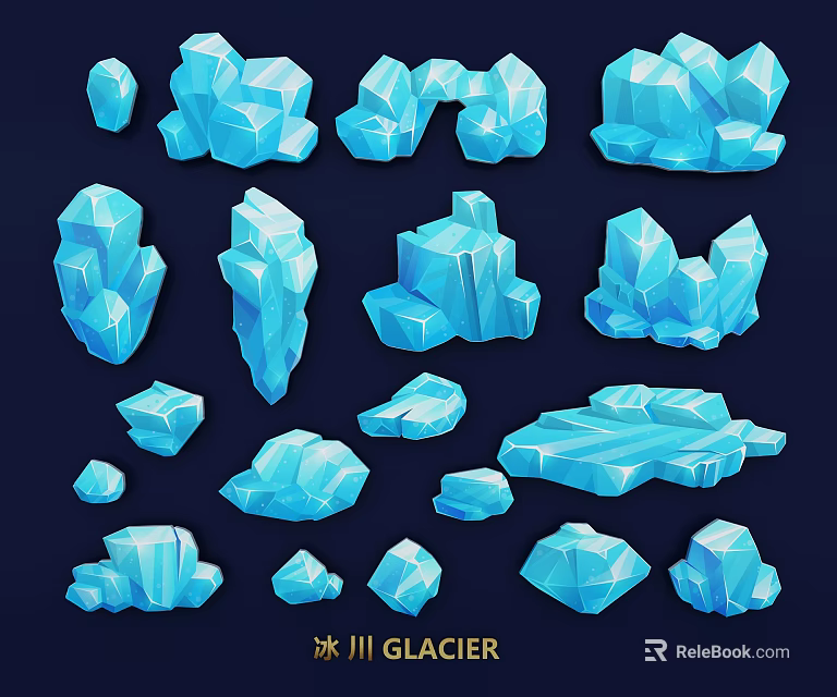 Blue Ice Crystal Rock Glacier Themed Wall Decor With Various 3D Shapes Design 3d model 
