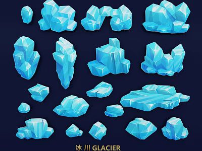 Blue Ice Crystal Rock Glacier Themed Wall Decor With Various 3D Shapes Design 3d model