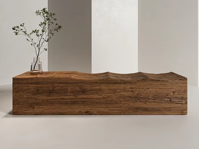 Wooden Bench with Wavy Texture and Transparent Vase Green Plants in Minimalist Modern Light Background 3d model