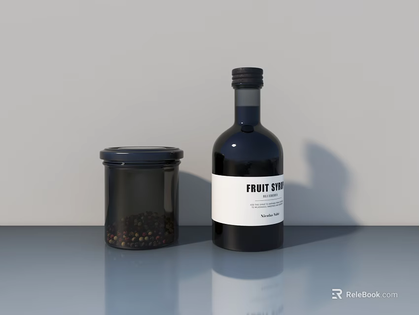 Black Fruit Syrup Bottle With Black Jar And Spices On Gray Surface White Wall Background 3d model 