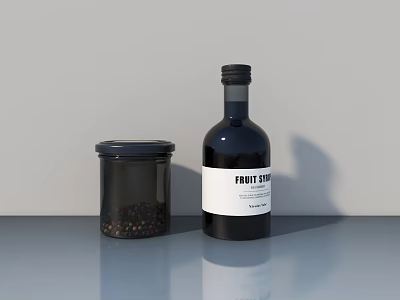 Black Fruit Syrup Bottle With Black Jar And Spices On Gray Surface White Wall Background 3d model
