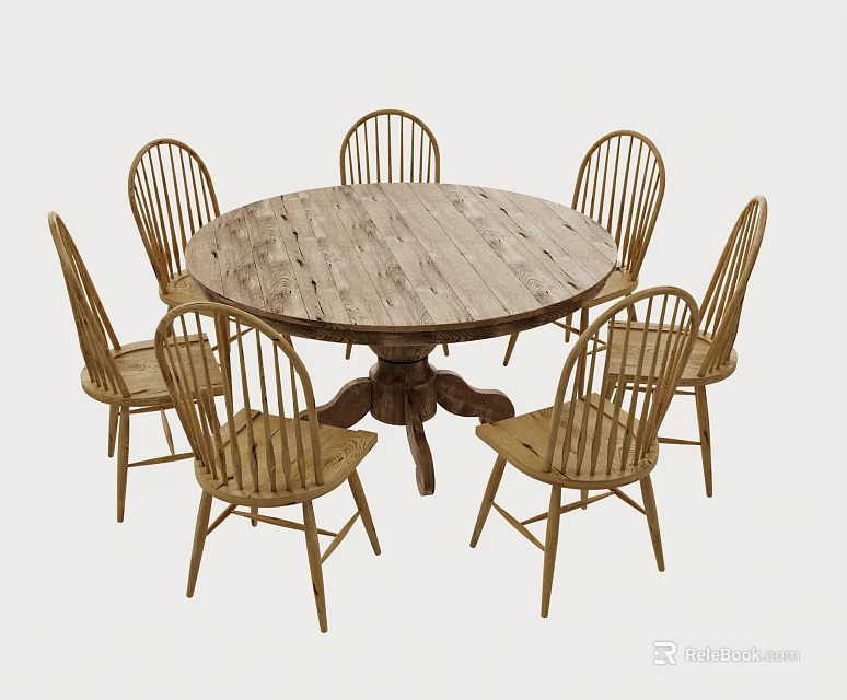 Rustic Wooden Round Dining Table Set With Six Matching Backrest Chairs For Home Dining Room 3d model 