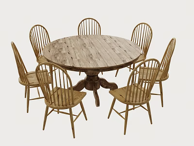 Rustic Wooden Round Dining Table Set With Six Matching Backrest Chairs For Home Dining Room 3d model