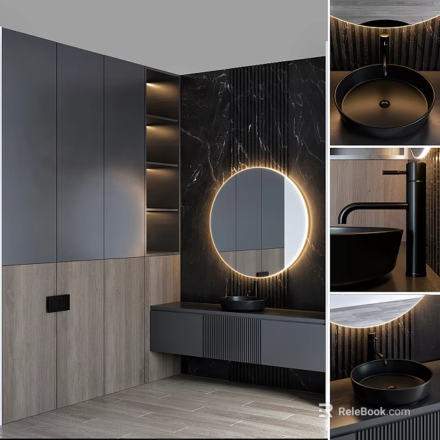 Modern Bathroom Vanity With Round Backlit Mirror And Marble Wall Design 3d model 