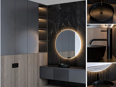 Modern Bathroom Vanity With Round Backlit Mirror And Marble Wall Design 3d model