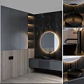 Modern Bathroom Vanity With Round Backlit Mirror And Marble Wall Design 3d model
