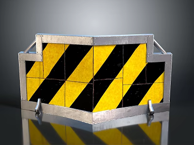 Yellow And Black Striped Metal Barrier With Silver Frame And Reflection On Smooth Gray Surface 3d model
