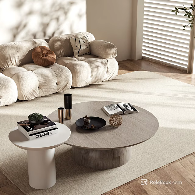 Modern Plush Sofa with Round Wooden Coffee Table and Decorative Items Magazines Natural Light 3d model 
