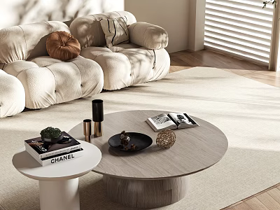 Modern Plush Sofa with Round Wooden Coffee Table and Decorative Items Magazines Natural Light 3d model