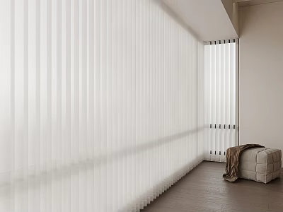 White Vertical Blinds in Modern Room with Beige Walls Wooden Floor and Stool with Blanket 3d model