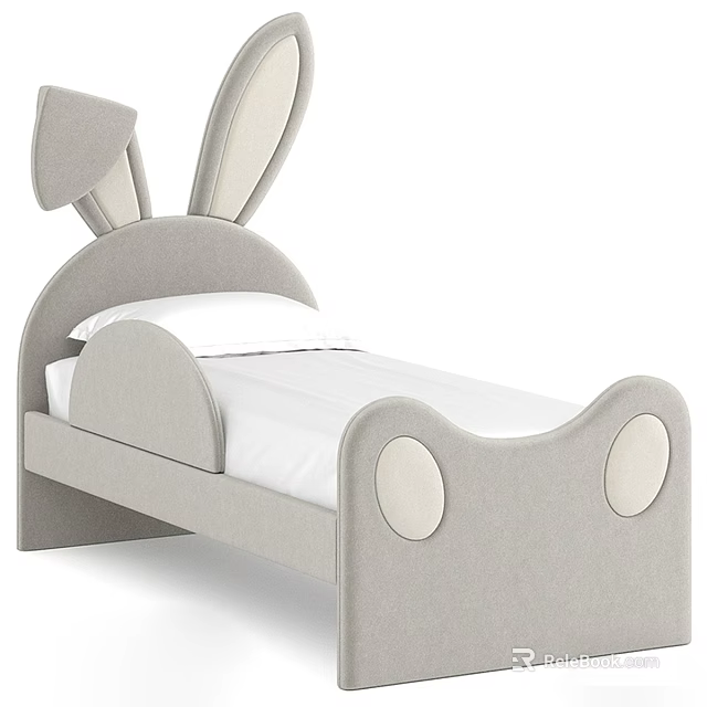 Cute Light Grey Kids Bed With Rabbit Ear Design Upholstered Frame And White Mattress 3d model 