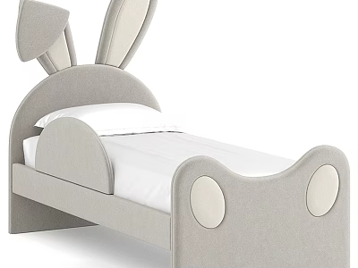 Cute Light Grey Kids Bed With Rabbit Ear Design Upholstered Frame And White Mattress 3d model