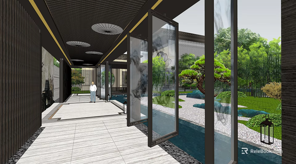 Modern Garden Landscape With Glass Corridor Courtyard Green Plants And Water Pool 3d model 