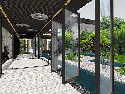 Modern Garden Landscape With Glass Corridor Courtyard Green Plants And Water Pool 3d model
