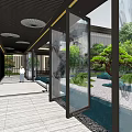 Modern Garden Landscape With Glass Corridor Courtyard Green Plants And Water Pool