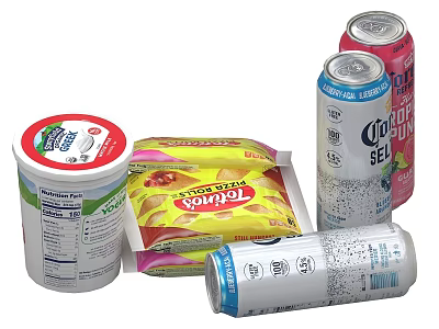 Assorted Snack Items Including Yogurt Cup Potato Chips Bag And Beverage Cans 3d model