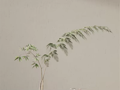 Decorative Glass Vase With Bamboo Leaves Against Light Colored Wall 3d model