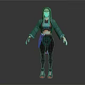 Hooded Teal Character And Creature Design With Crop Top Jacket Pants And Red Shoes