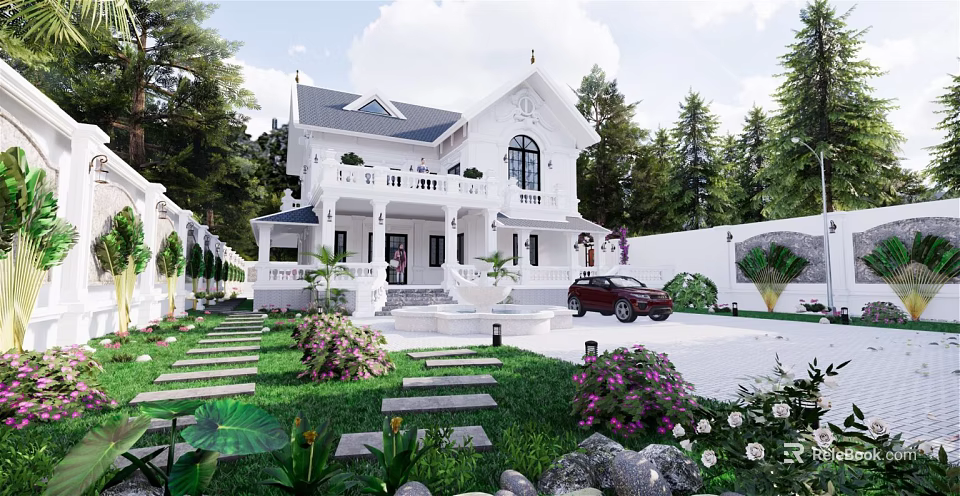 White Detached Villa with Black Roof Front Steps Greenery and Red Car 3d model 