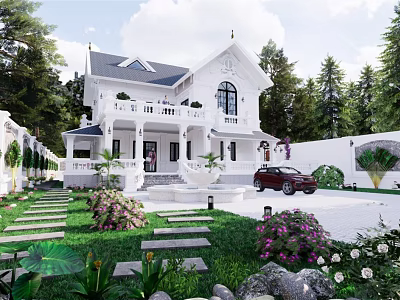 White Detached Villa with Black Roof Front Steps Greenery and Red Car 3d model