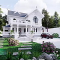 White Detached Villa with Black Roof Front Steps Greenery and Red Car