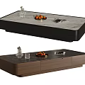 Modern Coffee Table Featuring Marble Top Wooden Drawer Fruit Bowl Glass Cup And Magazine