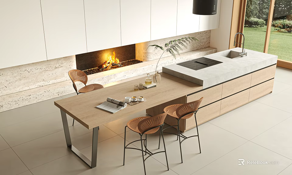 Modern Dining Table Set With Chairs Fireplace And Island Counter White Cabinets 3d model 