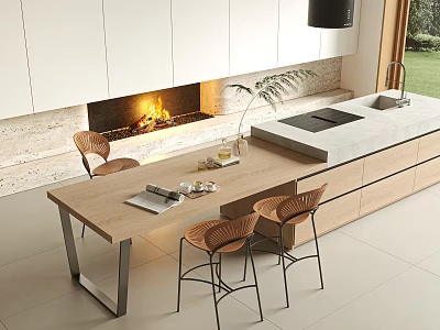 Modern Dining Table Set With Chairs Fireplace And Island Counter White Cabinets 3d model