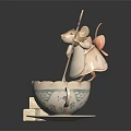 Adorable Decorative Mouse Standing On Ceramic Teacup Holding Biscuit And Sugar Cubes