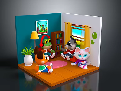 Playful Frog Fox and Cat Sitting in Cozy Room with Plant Window Bookshelf and Furniture 3d model