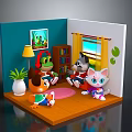 Playful Frog Fox and Cat Sitting in Cozy Room with Plant Window Bookshelf and Furniture