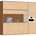 Light Wood Sideboard With Cabinet Doors Open Shelf Coffee Machine And Microwave