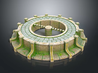 Ancient Circular Stone Structure Featuring Moss Covered Steps And Central Pillar Scenic View 3d model