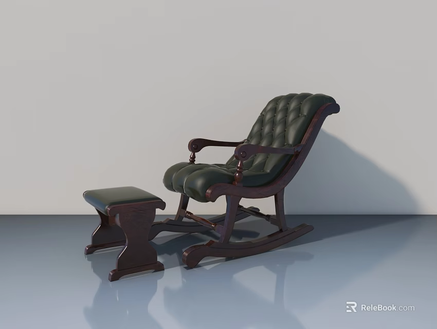 Dark Green Leather Rocking Chair With Wooden Frame And Ottoman On Smooth Floor 3d model 