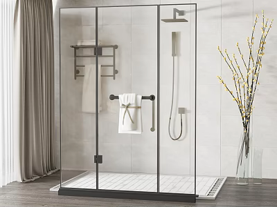 Glass Shower Partition With Black Frame Tile Wall Towel Rack And Vase Decor 3d model