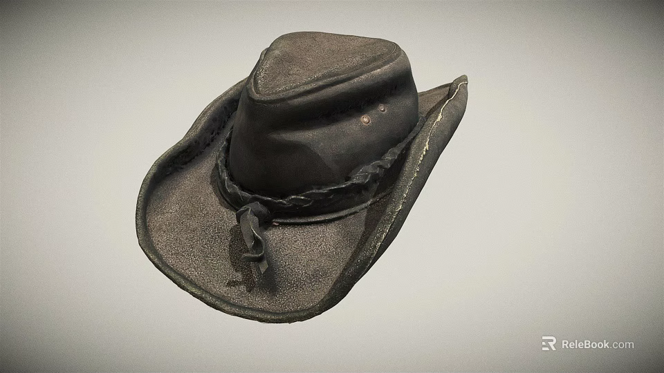 Black Leather Western Style Hat with Braided Band Classic Crown and Curved Brim 3d model 