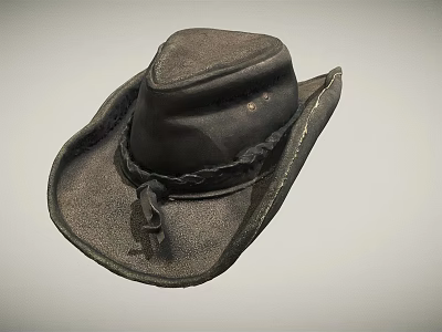 Black Leather Western Style Hat with Braided Band Classic Crown and Curved Brim 3d model