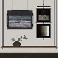 Abstract Paintings Framed On Wall With Ceramic Vase And Wooden Shelf