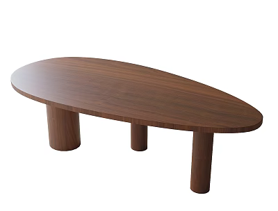 Oval Wooden Desk With Three Cylindrical Legs And Smooth Surface Design 3d model