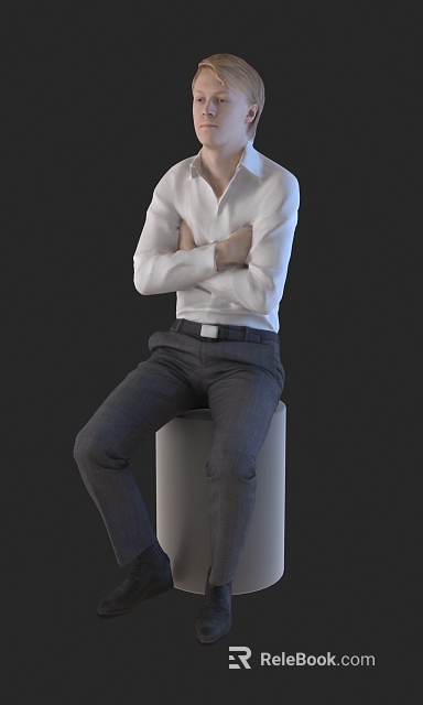 Man With Crossed Arms Wearing White Shirt Sitting On White Cylinder Against Dark Background 3d model 