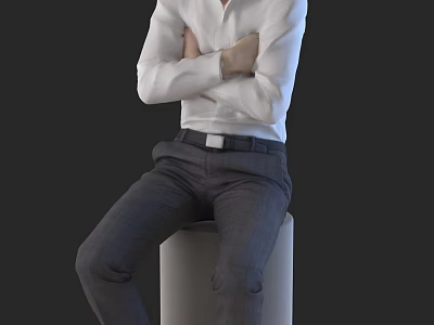 Man With Crossed Arms Wearing White Shirt Sitting On White Cylinder Against Dark Background 3d model